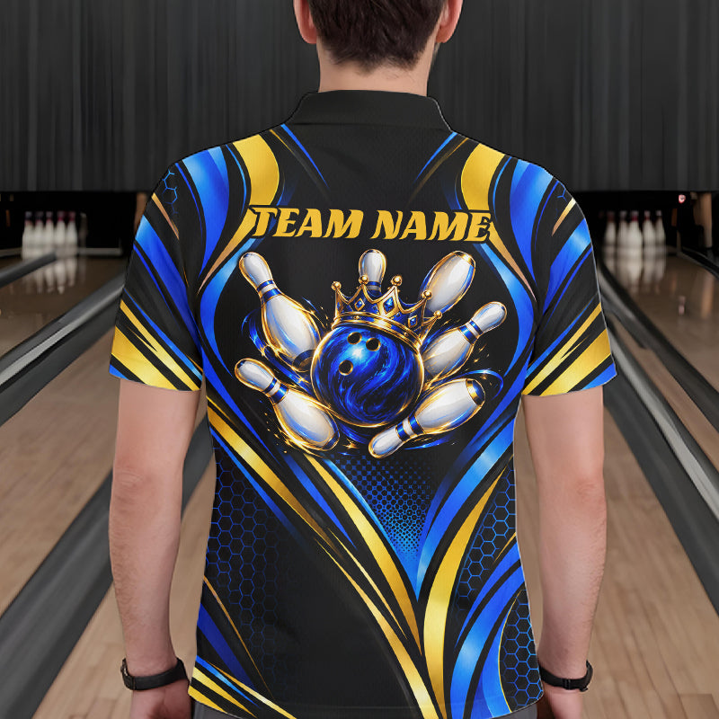Black, Blue And Gold Custom Crown Bowling Shirts For Men, Bowling Team Jersey Polo & 1/4 Zip TDM7722