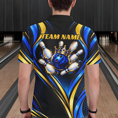 Black, Blue And Gold Custom Crown Bowling Shirts For Men, Bowling Team Jersey Polo & 1/4 Zip TDM7722