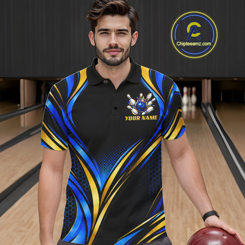 Black, Blue And Gold Custom Crown Bowling Shirts For Men, Bowling Team Jersey Polo & 1/4 Zip TDM7722