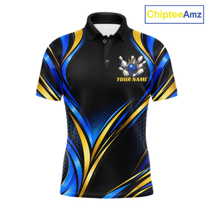 Black, Blue And Gold Custom Crown Bowling Shirts For Men, Bowling Team Jersey Polo & 1/4 Zip TDM7722