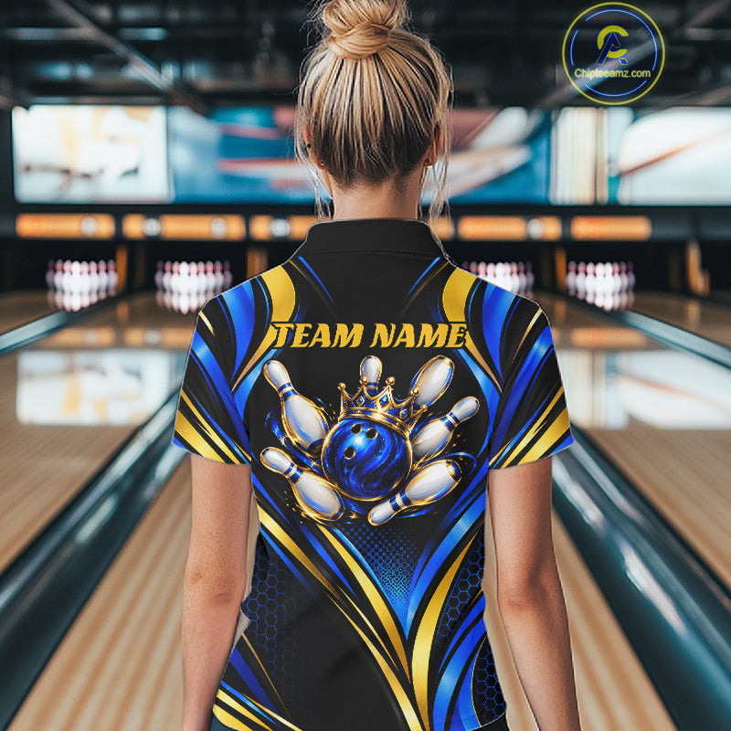Black, Blue And Gold Custom Crown Bowling Shirts For Women, Bowling Team Jersey Polo & 1/4 Zip TDM7722