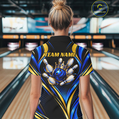 Black, Blue And Gold Custom Crown Bowling Shirts For Women, Bowling Team Jersey Polo & 1/4 Zip TDM7722