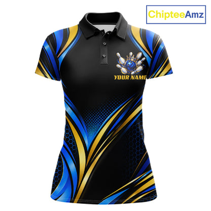 Black, Blue And Gold Custom Crown Bowling Shirts For Women, Bowling Team Jersey Polo & 1/4 Zip TDM7722
