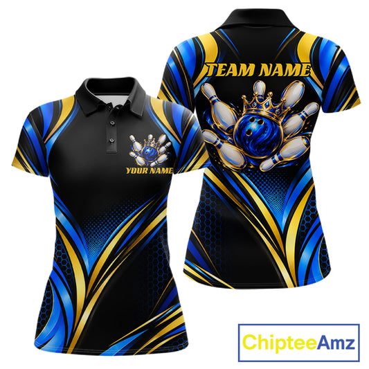 Black, Blue And Gold Custom Crown Bowling Shirts For Women, Bowling Team Jersey Polo & 1/4 Zip TDM7722