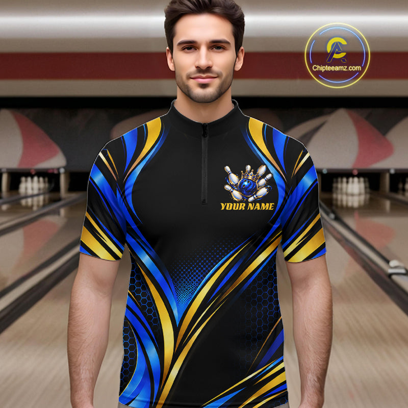 Black, Blue And Gold Custom Crown Bowling Shirts For Men, Bowling Team Jersey Polo & 1/4 Zip TDM7722