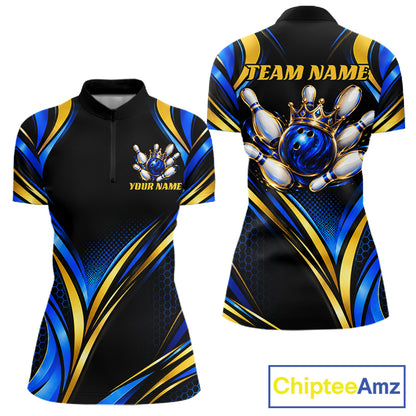 Black, Blue And Gold Custom Crown Bowling Shirts For Women, Bowling Team Jersey Polo & 1/4 Zip TDM7722