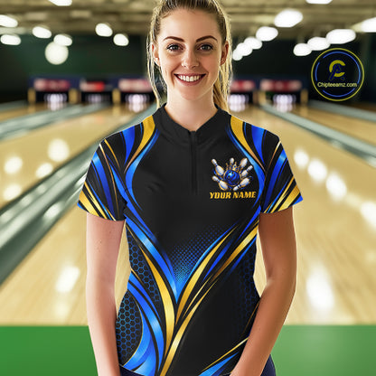 Black, Blue And Gold Custom Crown Bowling Shirts For Women, Bowling Team Jersey Polo & 1/4 Zip TDM7722