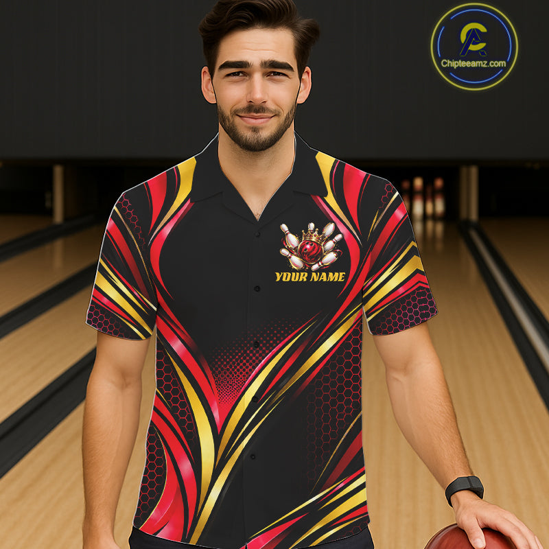 Black, Red And Gold Custom Crown Bowling Hawaiian Shirt For Men Women, Bowling League Team Jersey TDM7723