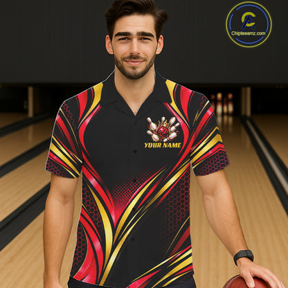 Black, Red And Gold Custom Crown Bowling Hawaiian Shirt For Men Women, Bowling League Team Jersey TDM7723