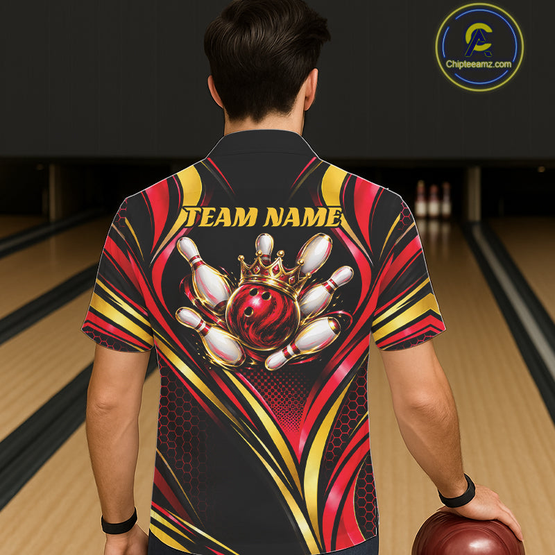 Black, Red And Gold Custom Crown Bowling Hawaiian Shirt For Men Women, Bowling League Team Jersey TDM7723