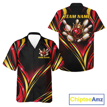 Black, Red And Gold Custom Crown Bowling Hawaiian Shirt For Men Women, Bowling League Team Jersey TDM7723