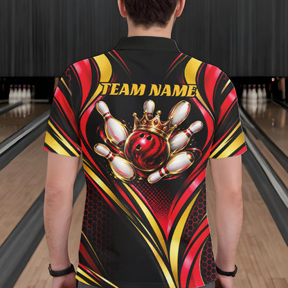 Black, Red And Gold Custom Crown Bowling Shirts For Men, Bowling Team Jersey Polo & 1/4 Zip TDM7723