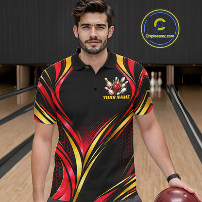 Black, Red And Gold Custom Crown Bowling Shirts For Men, Bowling Team Jersey Polo & 1/4 Zip TDM7723