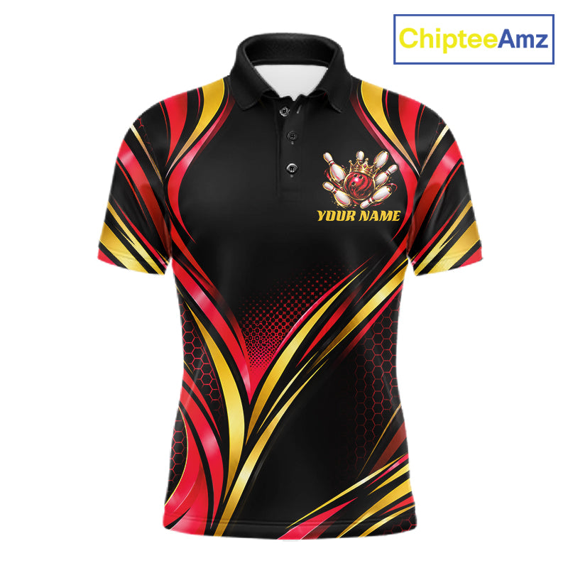 Black, Red And Gold Custom Crown Bowling Shirts For Men, Bowling Team Jersey Polo & 1/4 Zip TDM7723