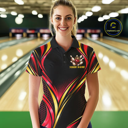 Black, Red And Gold Custom Crown Bowling Shirts For Women, Bowling Team Jersey Polo & 1/4 Zip TDM7723