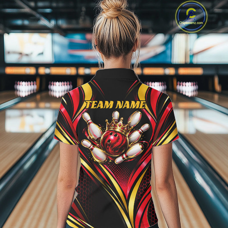 Black, Red And Gold Custom Crown Bowling Shirts For Women, Bowling Team Jersey Polo & 1/4 Zip TDM7723