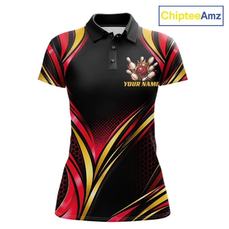 Black, Red And Gold Custom Crown Bowling Shirts For Women, Bowling Team Jersey Polo & 1/4 Zip TDM7723