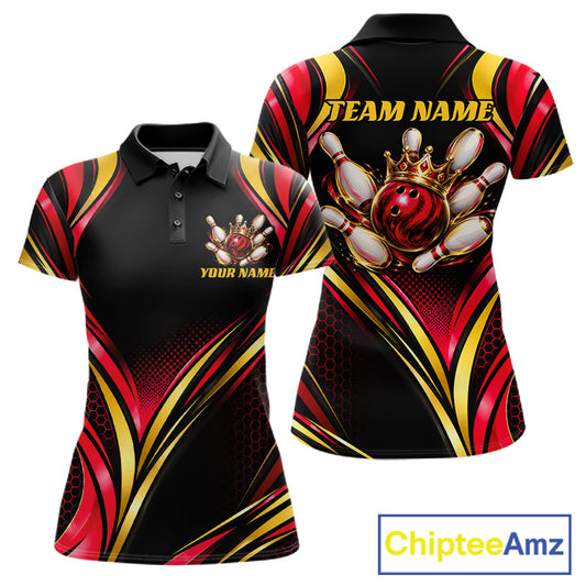 Black, Red And Gold Custom Crown Bowling Shirts For Women, Bowling Team Jersey Polo & 1/4 Zip TDM7723