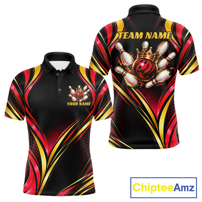 Black, Red And Gold Custom Crown Bowling Shirts For Men, Bowling Team Jersey Polo & 1/4 Zip TDM7723