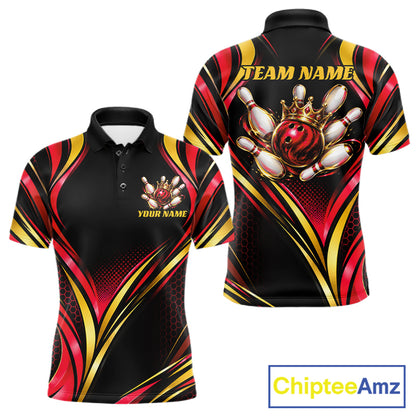 Black, Red And Gold Custom Crown Bowling Shirts For Men, Bowling Team Jersey Polo & 1/4 Zip TDM7723
