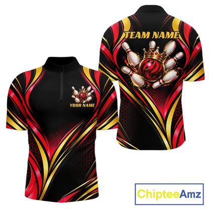 Black, Red And Gold Custom Crown Bowling Shirts For Men, Bowling Team Jersey Polo & 1/4 Zip TDM7723