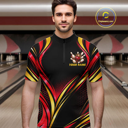 Black, Red And Gold Custom Crown Bowling Shirts For Men, Bowling Team Jersey Polo & 1/4 Zip TDM7723