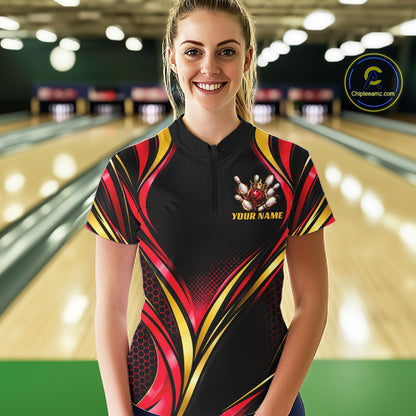 Black, Red And Gold Custom Crown Bowling Shirts For Women, Bowling Team Jersey Polo & 1/4 Zip TDM7723