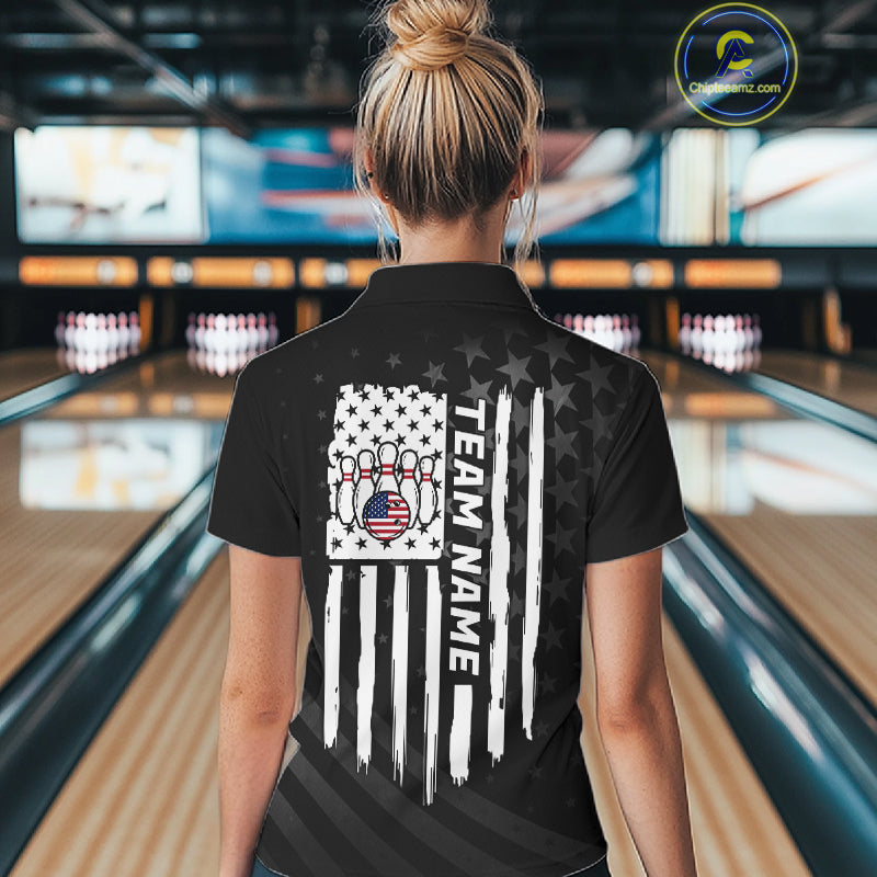 Personalized Black American Flag Bowling Jersey For Women Custom Patriotic Bowling Team Shirts TDM7724