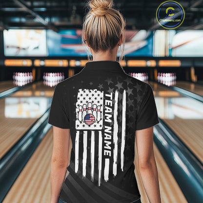 Personalized Black American Flag Bowling Jersey For Women Custom Patriotic Bowling Team Shirts TDM7724