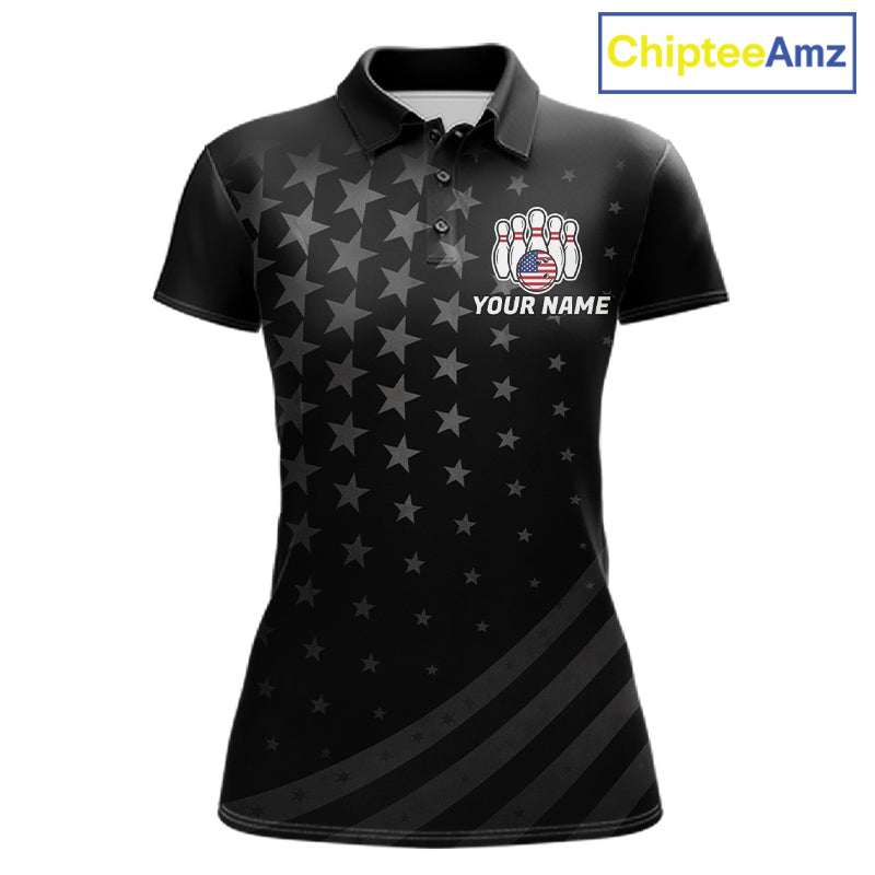 Personalized Black American Flag Bowling Jersey For Women Custom Patriotic Bowling Team Shirts TDM7724