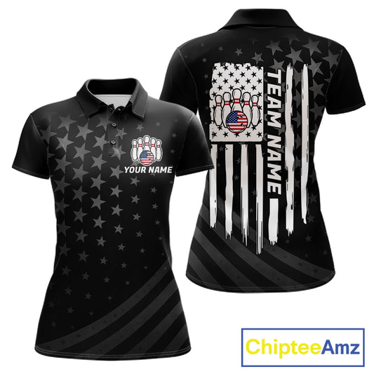 Personalized Black American Flag Bowling Jersey For Women Custom Patriotic Bowling Team Shirts TDM7724