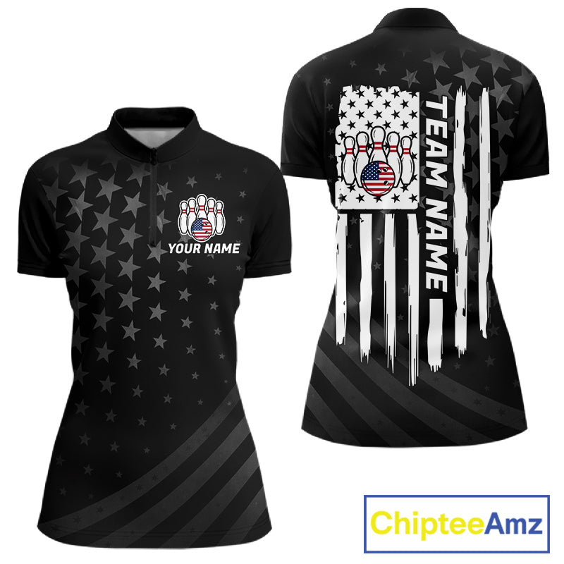 Personalized Black American Flag Bowling Jersey For Women Custom Patriotic Bowling Team Shirts TDM7724