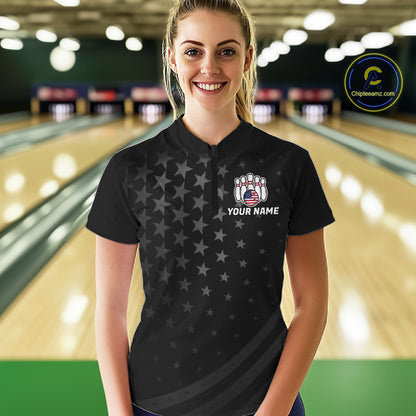 Personalized Black American Flag Bowling Jersey For Women Custom Patriotic Bowling Team Shirts TDM7724