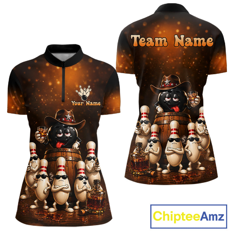 Funny Bourbon Drunk Cowboy Bowling Shirts For Women Custom Vintage Bowling Team Jersey TDM7725