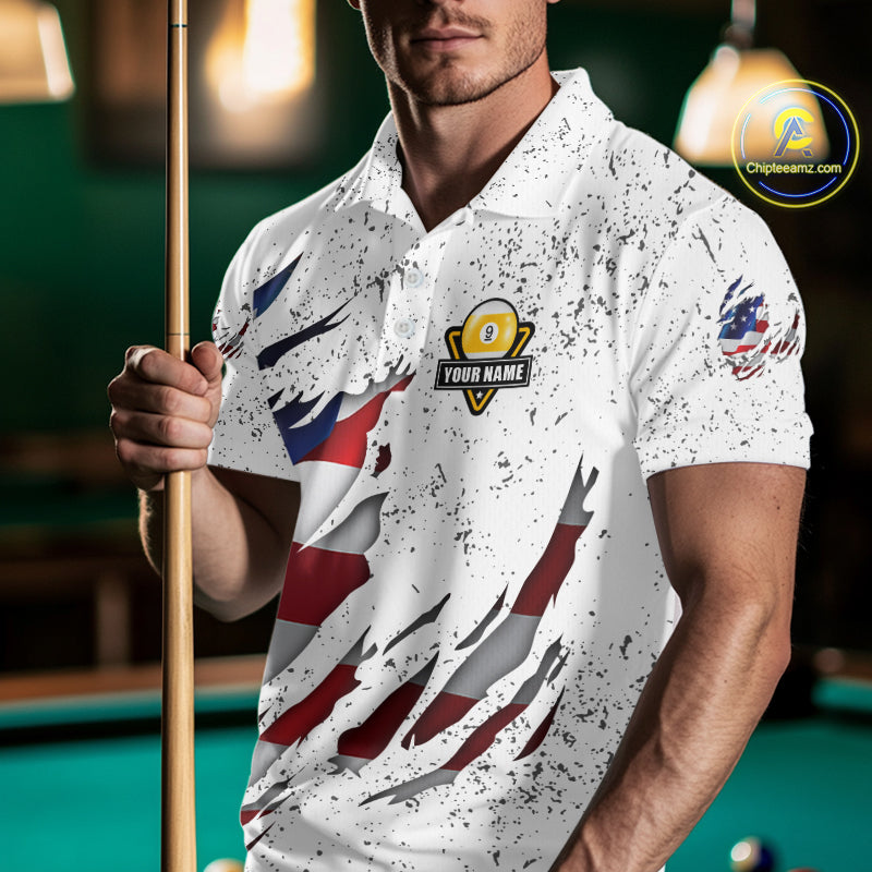 9 Ball Pool US Flag White Grunge Custom Men's Billiard Shirt, Patriotic Billiard Team Jersey TDM5138