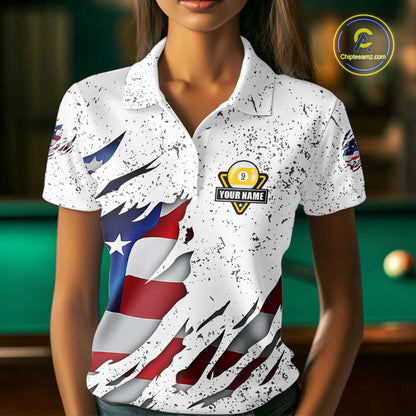 9 Ball Pool US Flag White Grunge Custom Women's Billiard Shirt, Patriotic Billiard Team Jersey TDM5138