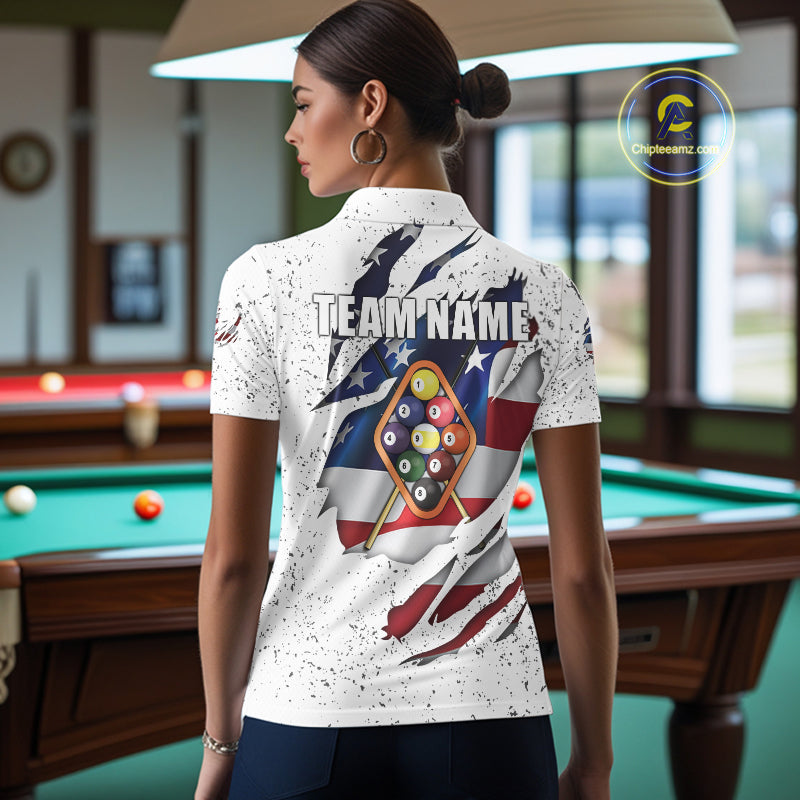 9 Ball Pool US Flag White Grunge Custom Women's Billiard Shirt, Patriotic Billiard Team Jersey TDM5138