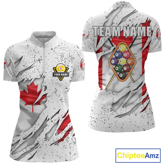 9 Ball Pool Canada Flag White Grunge Custom Women's Billiard Shirt, Patriotic Pool Team Shirts TDM5139
