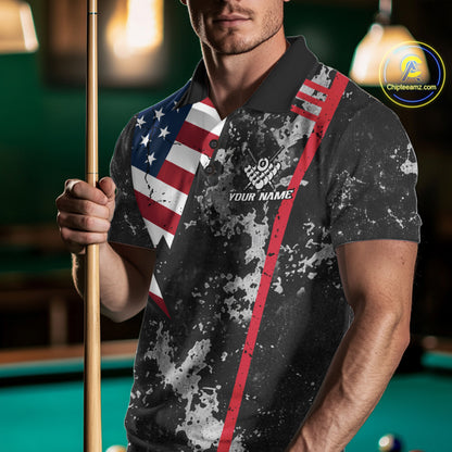 American Flag Grunge Billiard Shirts For Men Custom Patriotic Pool Team Jersey Polo & 1/4 Zip TDM8054