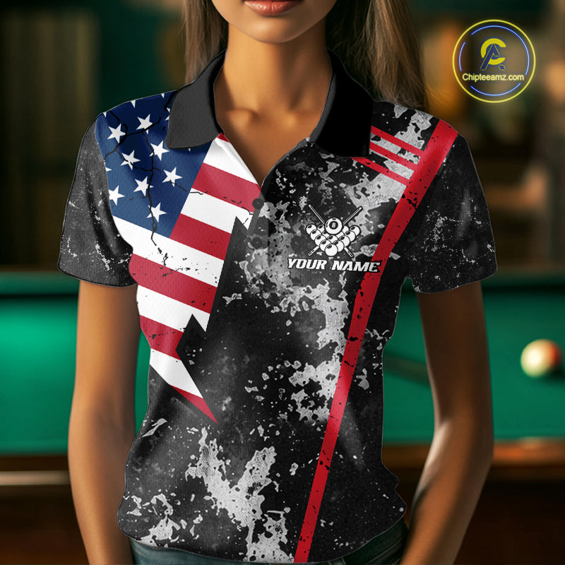 American Flag Grunge Billiard Shirts For Women Custom Patriotic Pool Team Jersey Polo & 1/4 Zip TDM8054