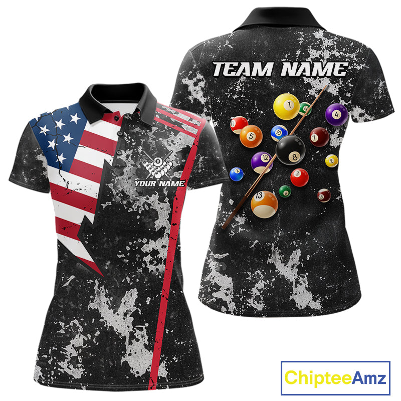 American Flag Grunge Billiard Shirts For Women Custom Patriotic Pool Team Jersey Polo & 1/4 Zip TDM8054