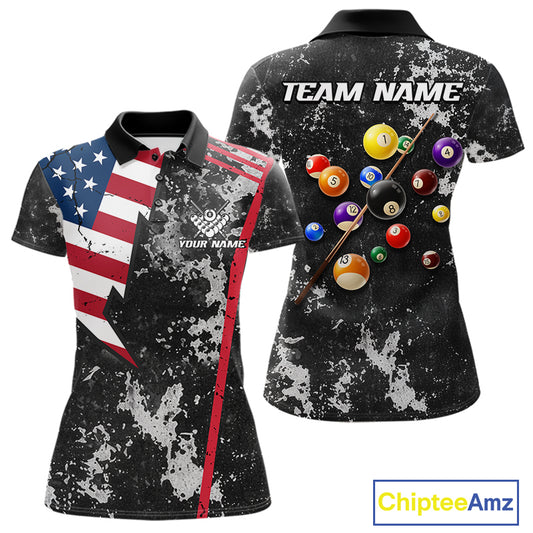 American Flag Grunge Billiard Shirts For Women Custom Patriotic Pool Team Jersey Polo & 1/4 Zip TDM8054