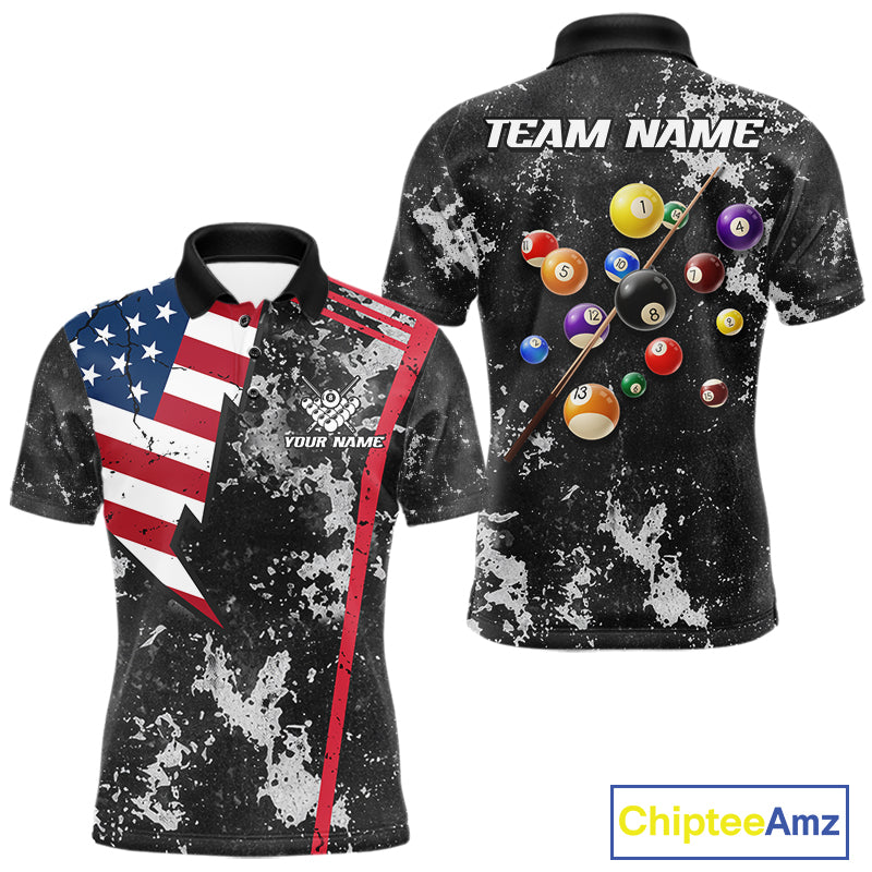 American Flag Grunge Billiard Shirts For Men Custom Patriotic Pool Team Jersey Polo & 1/4 Zip TDM8054