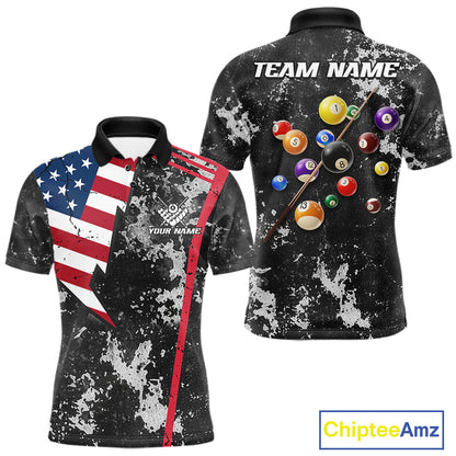 American Flag Grunge Billiard Shirts For Men Custom Patriotic Pool Team Jersey Polo & 1/4 Zip TDM8054