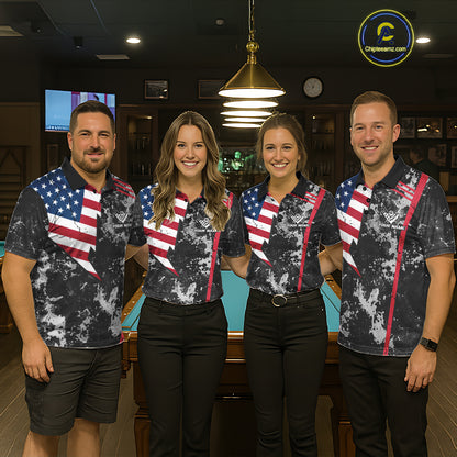 American Flag Grunge Billiard Shirts For Men Custom Patriotic Pool Team Jersey Polo & 1/4 Zip TDM8054