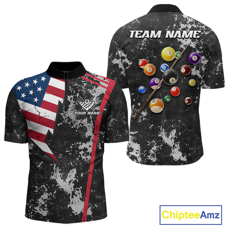 American Flag Grunge Billiard Shirts For Men Custom Patriotic Pool Team Jersey Polo & 1/4 Zip TDM8054