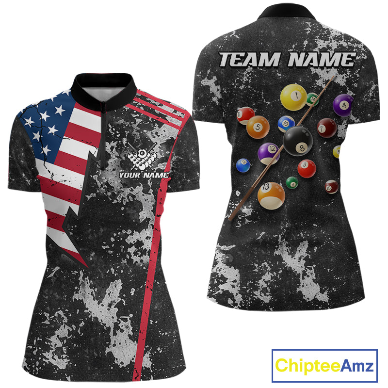American Flag Grunge Billiard Shirts For Women Custom Patriotic Pool Team Jersey Polo & 1/4 Zip TDM8054
