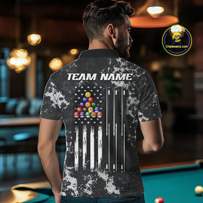 US Flag Grunge Billiard Shirts For Men Custom Patriotic 8 Ball Pool Team Jersey Polo & 1/4 Zip TDM8055