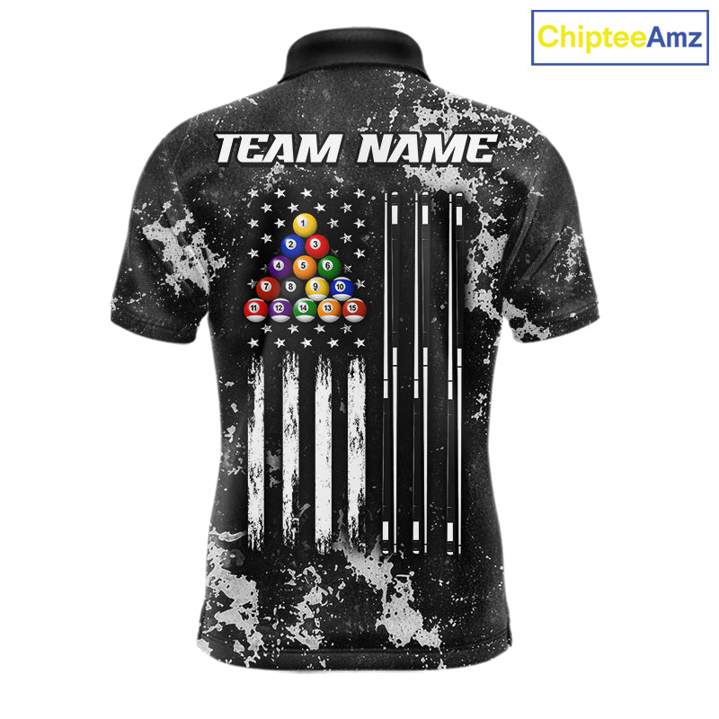 US Flag Grunge Billiard Shirts For Men Custom Patriotic 8 Ball Pool Team Jersey Polo & 1/4 Zip TDM8055