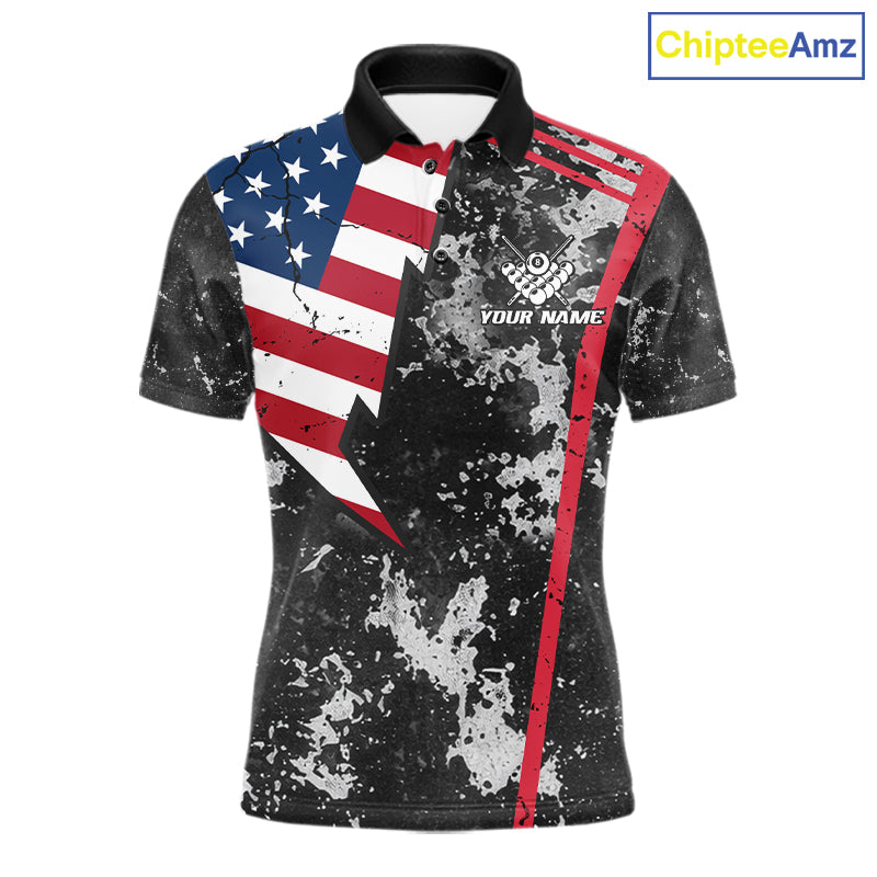 US Flag Grunge Billiard Shirts For Men Custom Patriotic 8 Ball Pool Team Jersey Polo & 1/4 Zip TDM8055